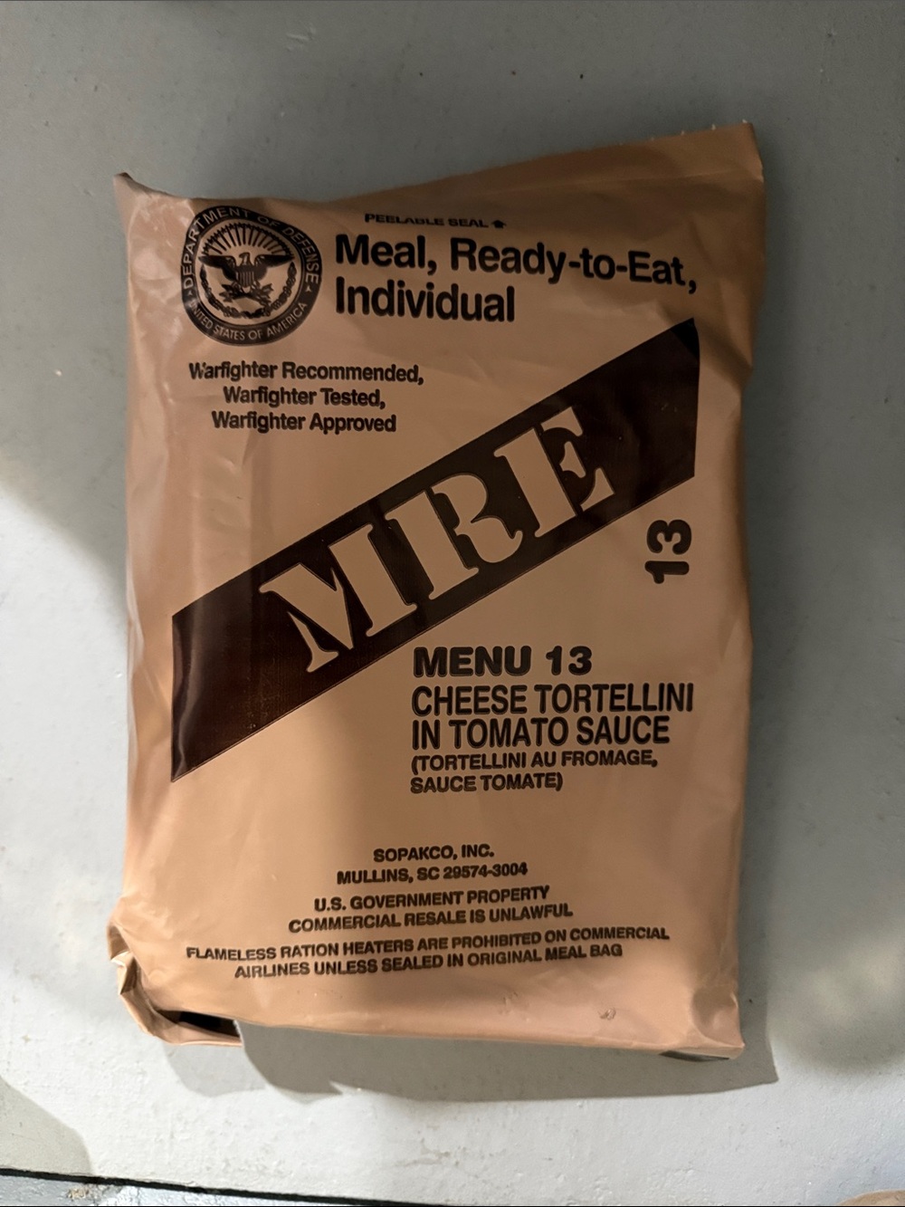 MRE Menu 13 Cheese Tortellini in Tomato Sauce Ready-to-Eat Meal